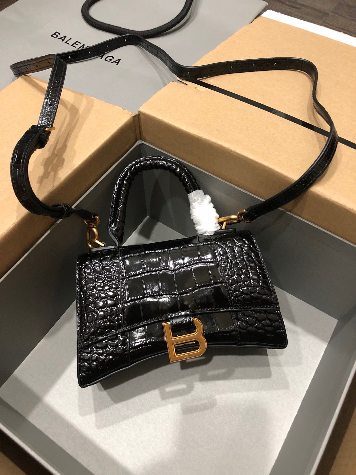 Balenciaga Hourglass gold buckle crocodile pattern sand timer tote shoulder bag