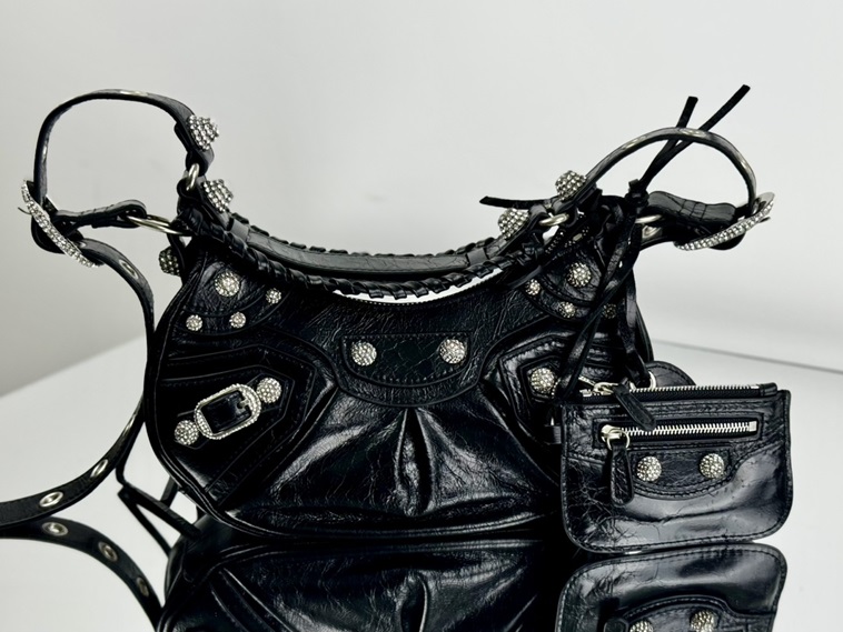 Balenciaga Le Cagole Rhinestone Stud Crocodile Print Cowhide Crescent Moon Dumpling Motorcycle Underarm Crossbody Bag