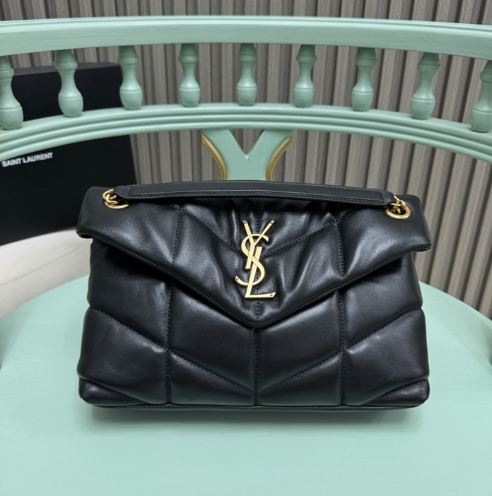 SAINT LAURENT   YSL LOULOUPUFFER   Gold Logo Chain Quilted Sheep Leather Cloud Pillow Crossbody Shoulder Bag, Small Size