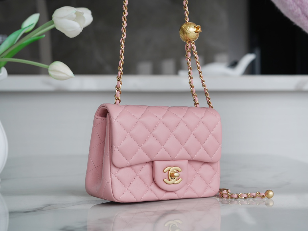 Chanel Small Golden Ball CF Square Classic Quilted Gold Buckle Chain Shoulder Strap Adjustable Sheepskin Crossbody Shoulder Bag Mini